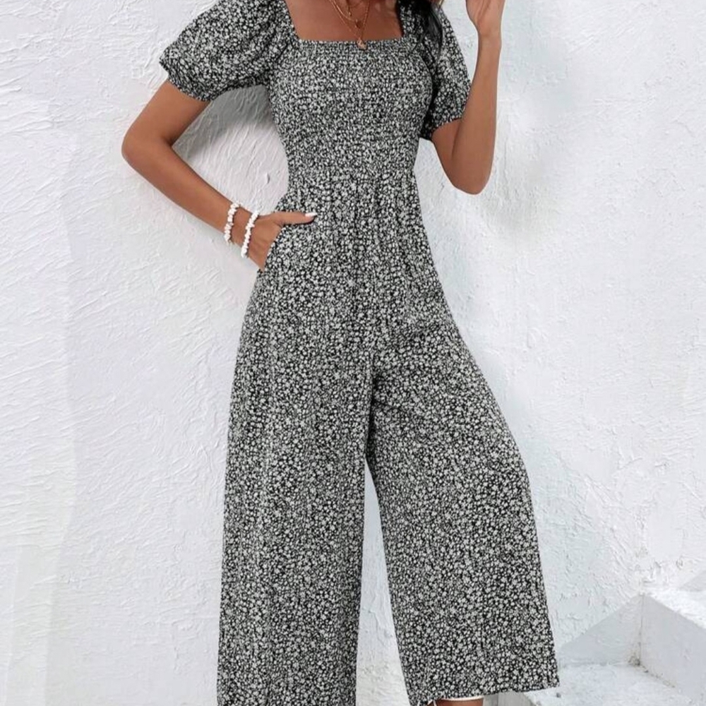 As U Wish Black and White Jumpsuit with Square Neckline and Puffed Sleeves